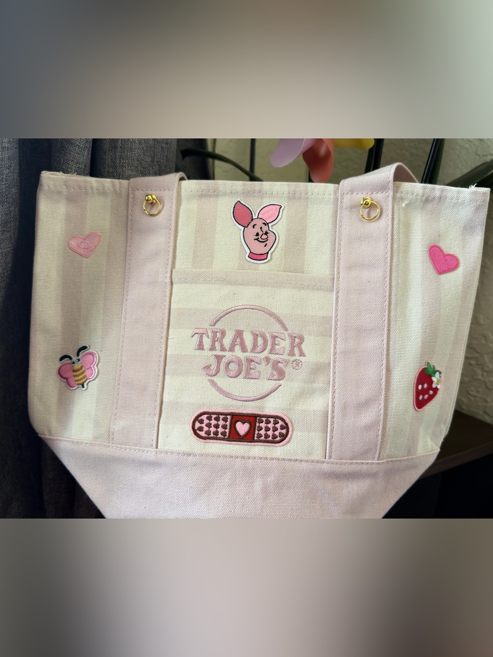 Trader Joe's Pink Stripe Canvas Tote with Cute Patches